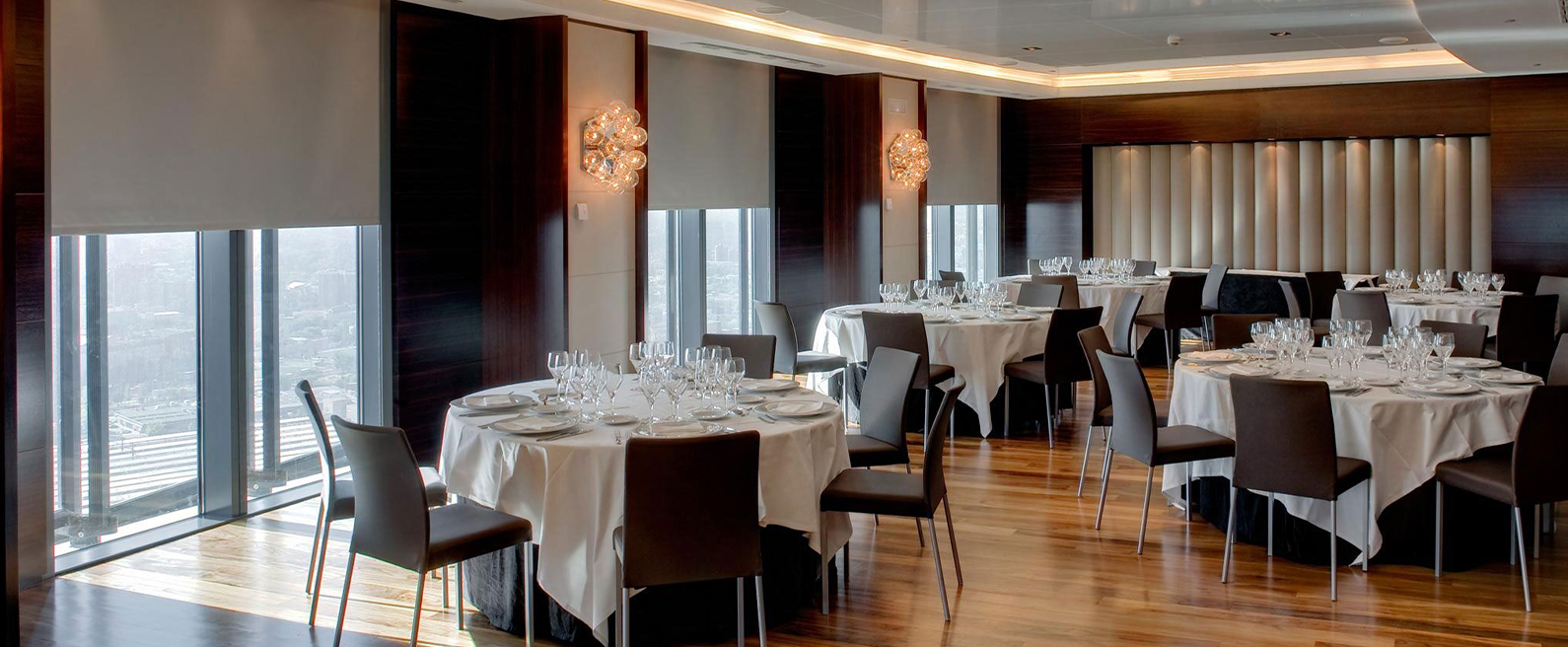 Restaurant with motorized window shades.
